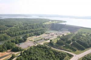 Aerial view of the lake with large dam and Shepherd of the Hills Fish Hatchery