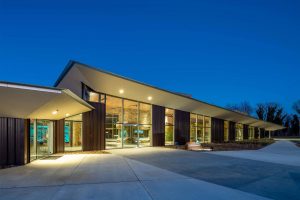 Nature Center at night lite up from the inside