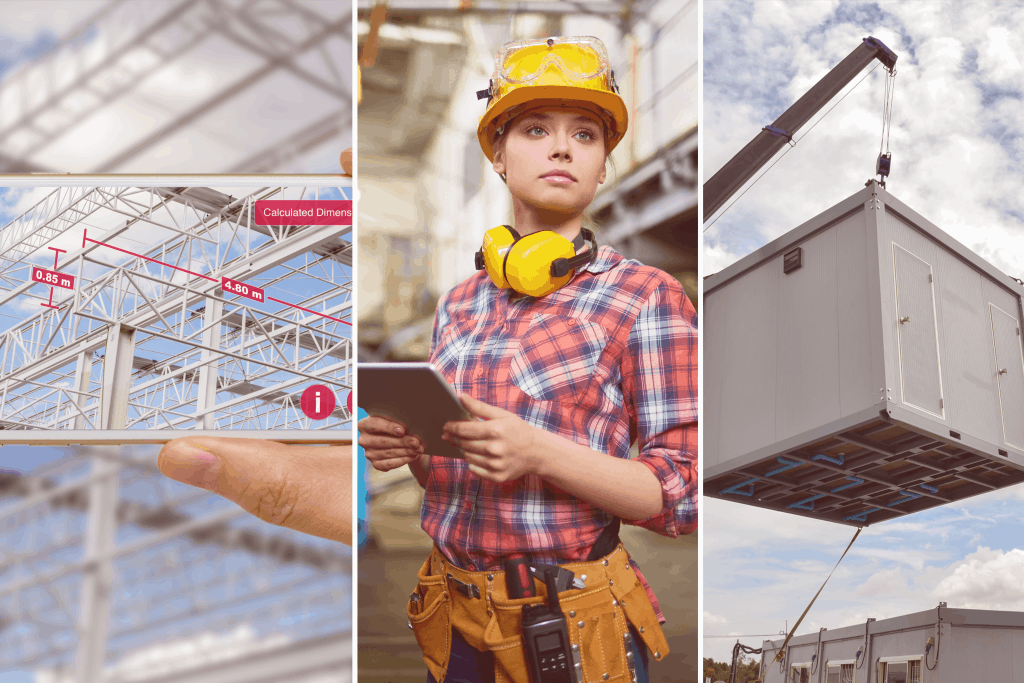 3 piece images - a smartphone taking a photo, a woman holding a tablet and wearing a hard hat, a crane holding a large container
