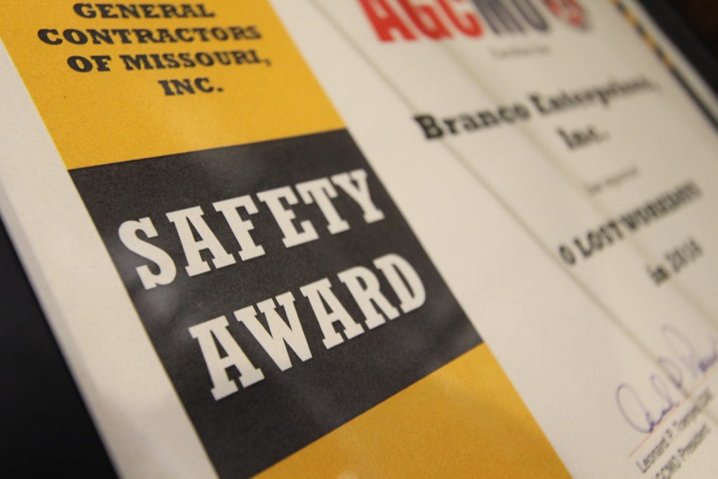 safety award certificate awarded to Branco Enterprises