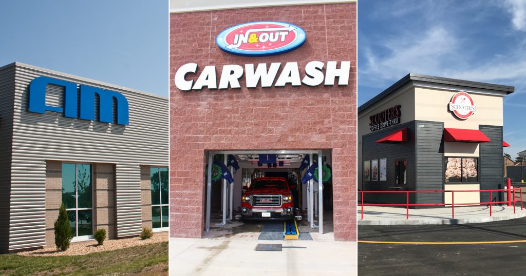 commercial contractor blog showing AM building, In & Out Carwash and Scooter's coffee drive-thru